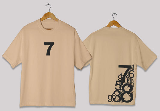 Minimal number 7 oversized t-shirt in beige cream color for men and women in Pakistan with clean modern print
