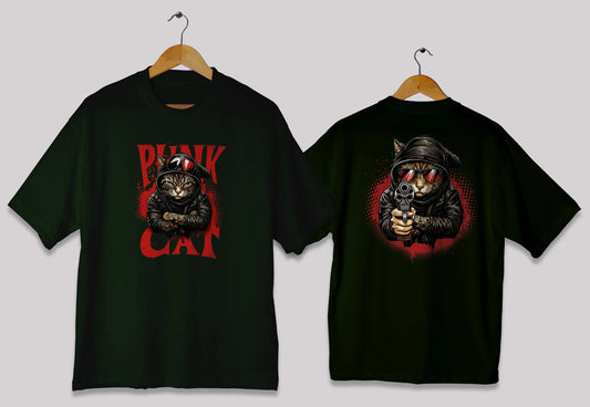 Punk cat graphic oversized t-shirt in dark sea green color for men and women in Pakistan with bold print
