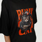 Model wearing black Punk Cat Rebel oversized streetwear t-shirt showing front graphic design