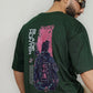 back Blade Hunter oversized streetwear t-shirt back print featuring cyberpunk samurai warrior with Blade Hunter neon artwork