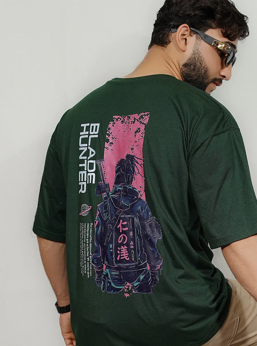 back Blade Hunter oversized streetwear t-shirt back print featuring cyberpunk samurai warrior with Blade Hunter neon artwork