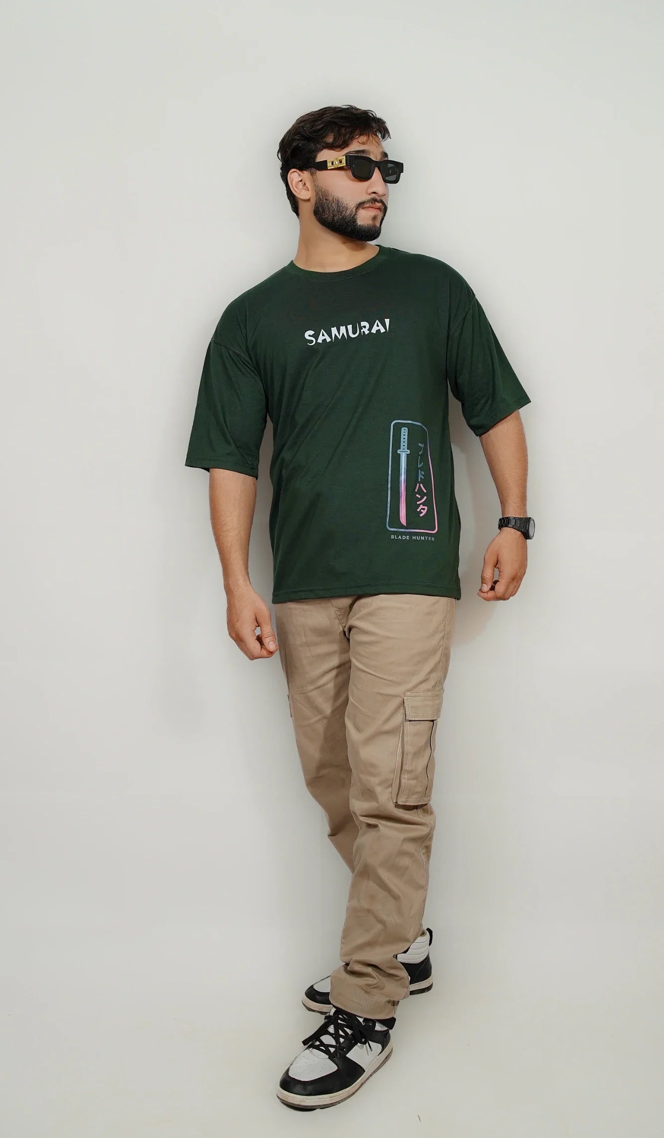 dark green Blade Hunter oversized drop-shoulder t-shirt with samurai katana graphic and small SAMURAI text front design