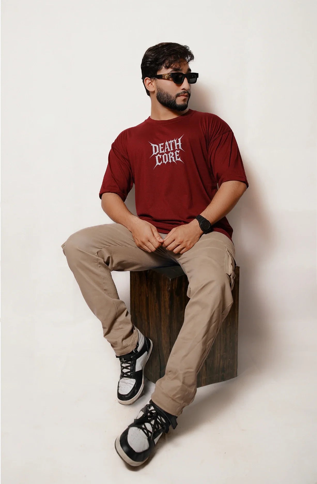 Maroon Death Core oversized drop-shoulder t-shirt with bold Death Core typography front print