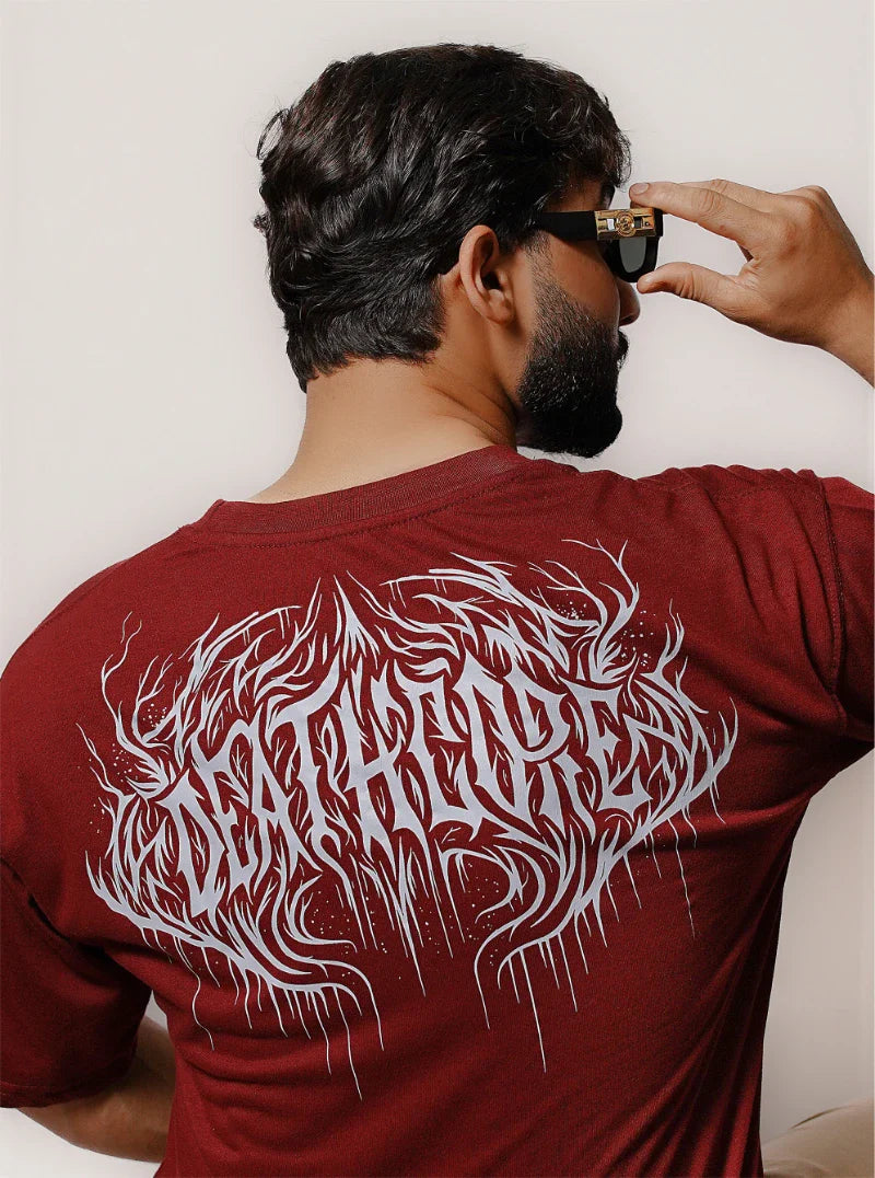 Maroon Death Core oversized streetwear t-shirt back graphic with dark black metal inspired artwork
