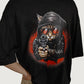 Model wearing black Punk Cat Rebel oversized streetwear t-shirt showing back graphic design