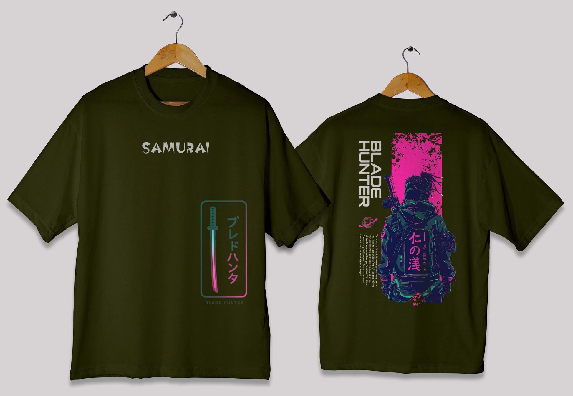 Blade hunter graphic oversized t-shirt in [deep olive] for men and women in Pakistan with bold illustration