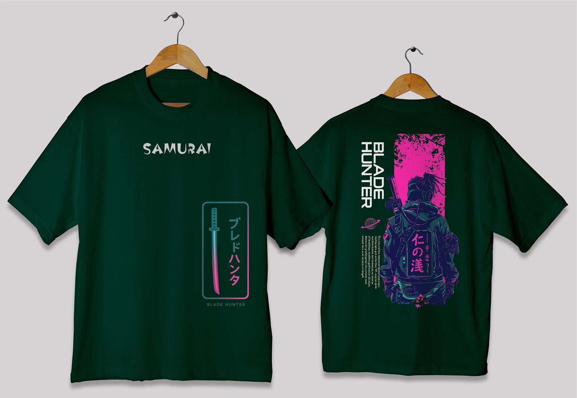 Blade hunter graphic oversized t-shirt in [dark green] for men and women in Pakistan with bold illustration