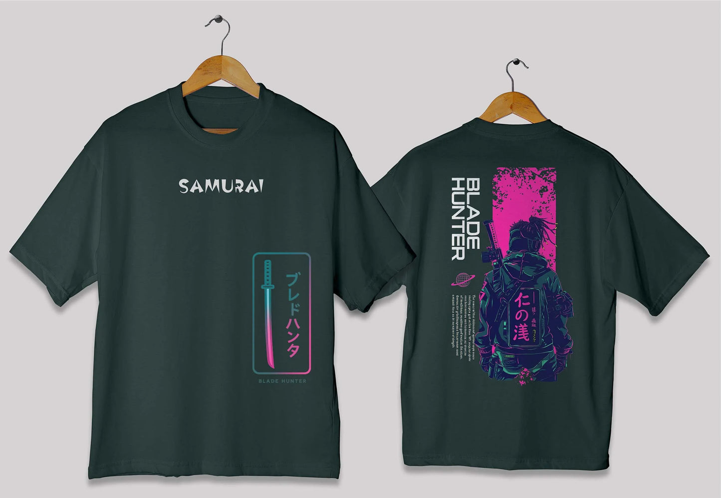SAMURAI – Blade Hunter Oversized T-Shirt | Neon Katana Graphic Tee