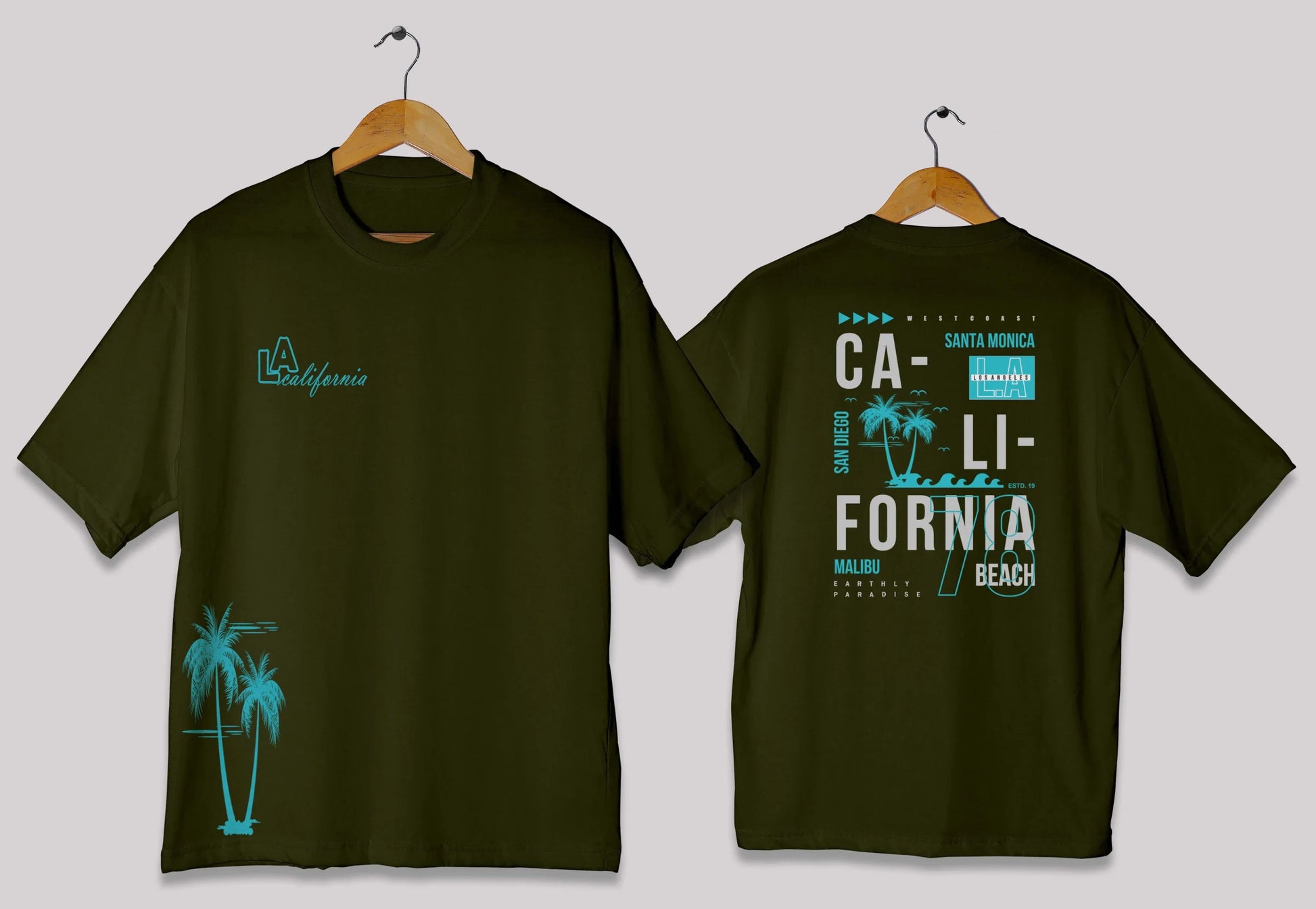 California graphic oversized t-shirt in [deep olive] for men and women in Pakistan with palm typography design
