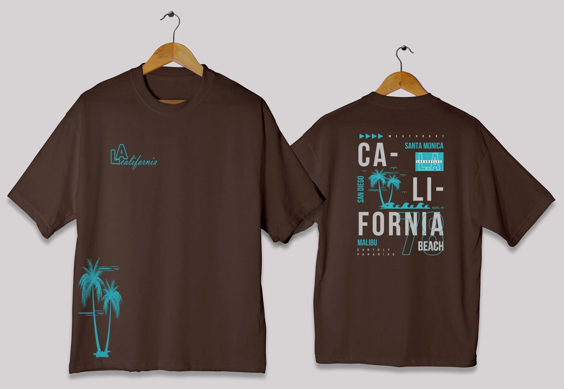 California graphic oversized t-shirt in [chocolate brown] for men and women in Pakistan with palm typography design