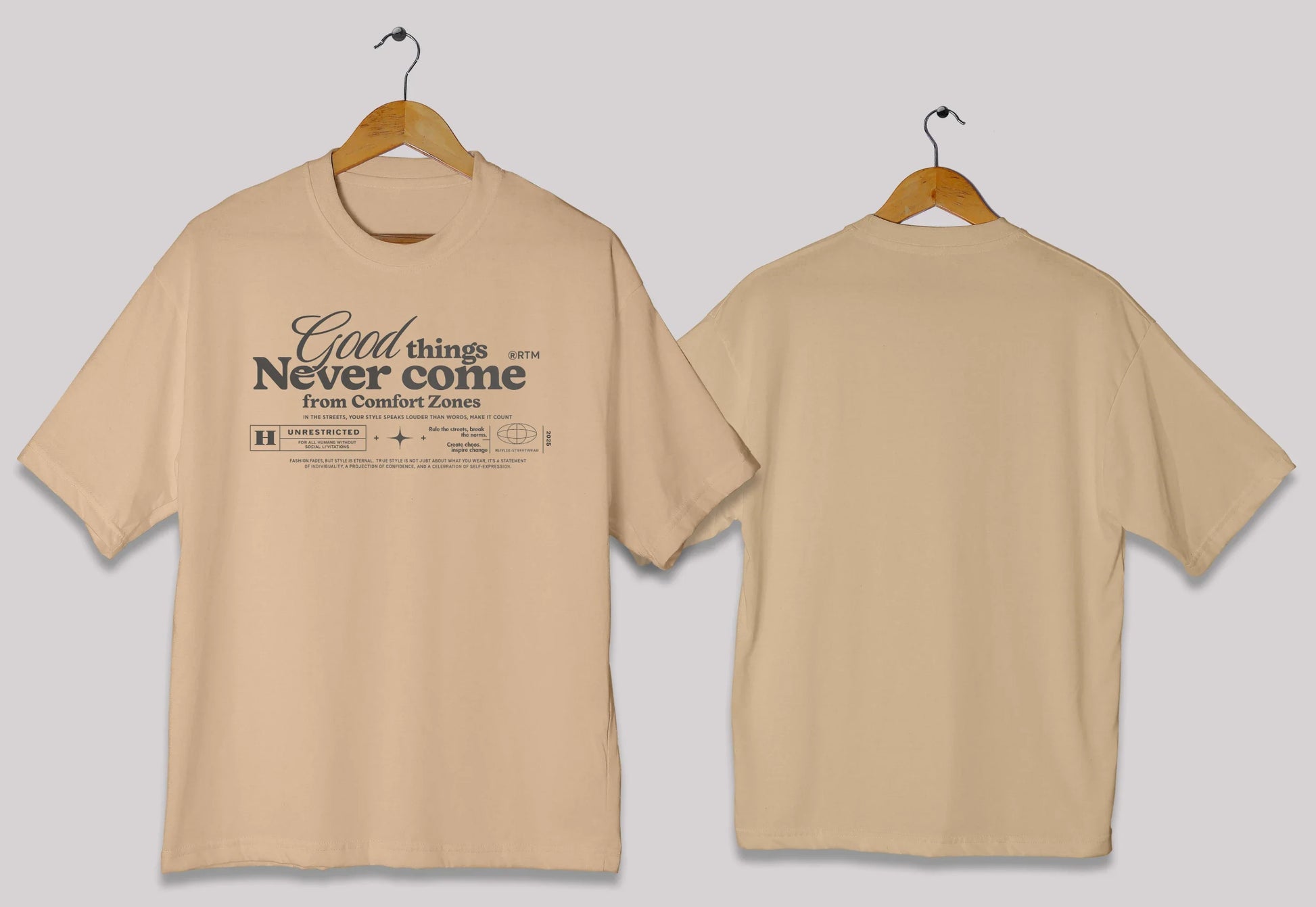 Comfort zone quote oversized t-shirt in [biege cream] for men and women in Pakistan with inspirational typography