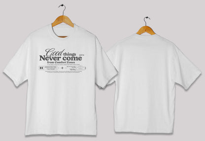 Comfort zone quote oversized t-shirt in [white] for men and women in Pakistan with inspirational typography