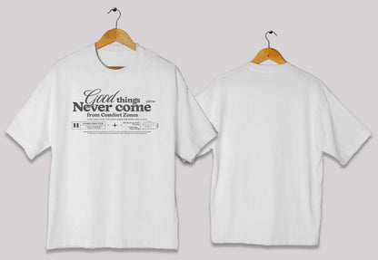 Comfort zone quote oversized t-shirt in [white] for men and women in Pakistan with inspirational typography