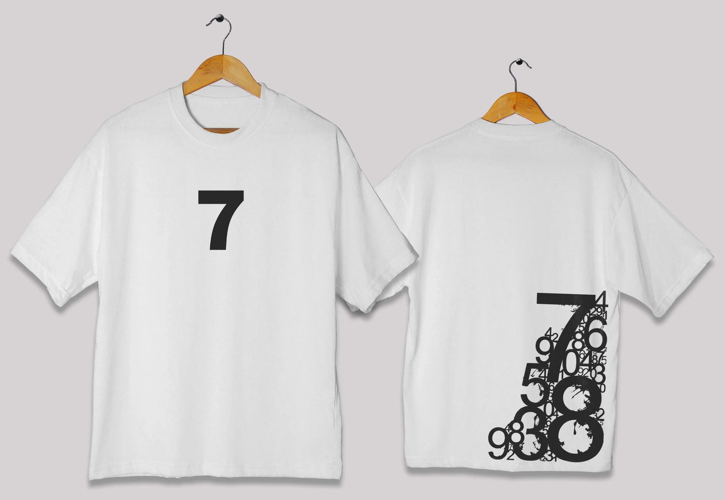 Minimal number 7 oversized t-shirt in white color for men and women in Pakistan with minimal graphic design