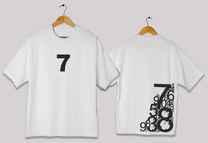 Minimal number 7 oversized t-shirt in white color for men and women in Pakistan with minimal graphic design