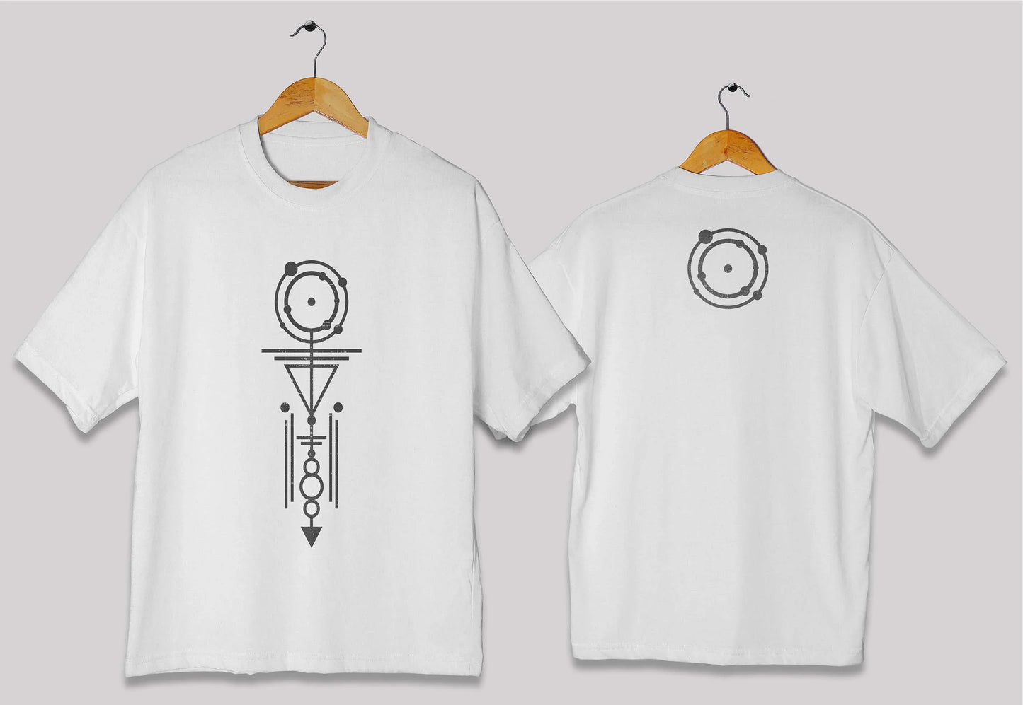 Vertical geometric symbol oversized t-shirt in [white] for men and women in Pakistan with minimal abstract design