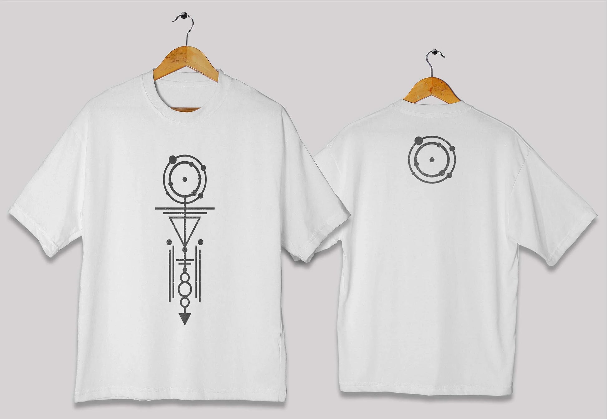 Vertical geometric symbol oversized t-shirt in [white] for men and women in Pakistan with minimal abstract design