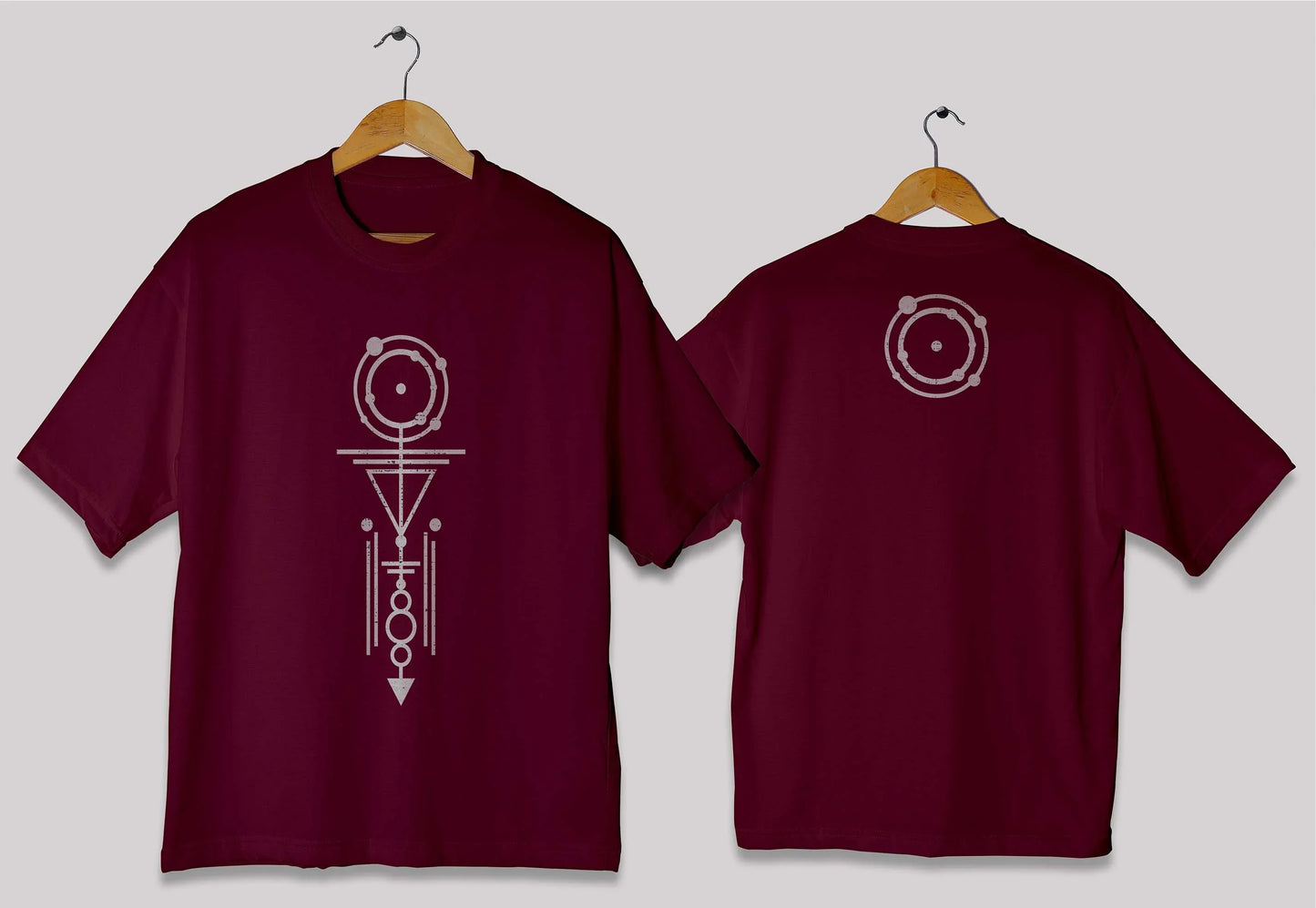 Vertical geometric symbol oversized t-shirt in [deep mehroon] for men and women in Pakistan with minimal abstract design