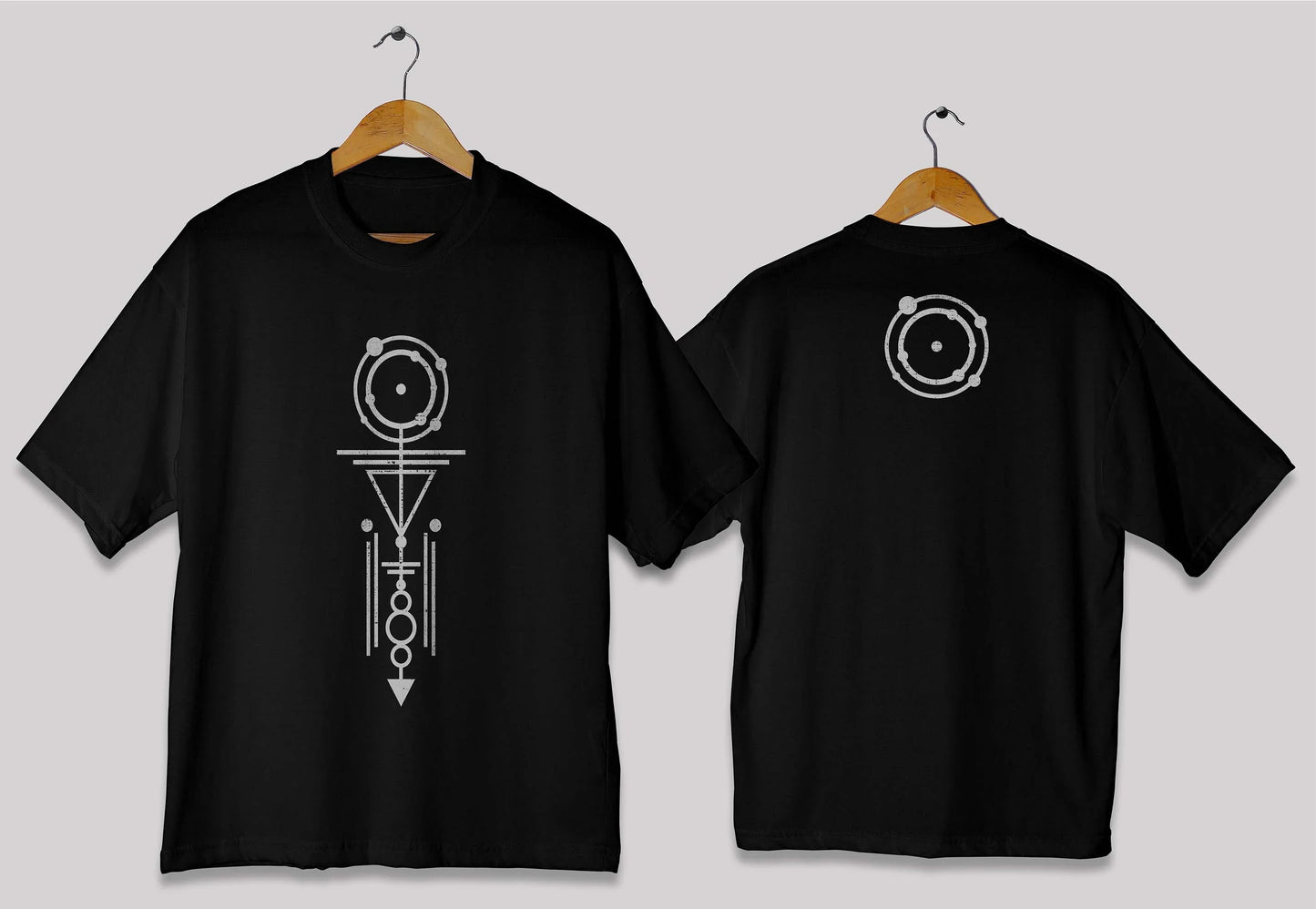 Vertical geometric symbol oversized t-shirt in [black] for men and women in Pakistan with minimal abstract design
