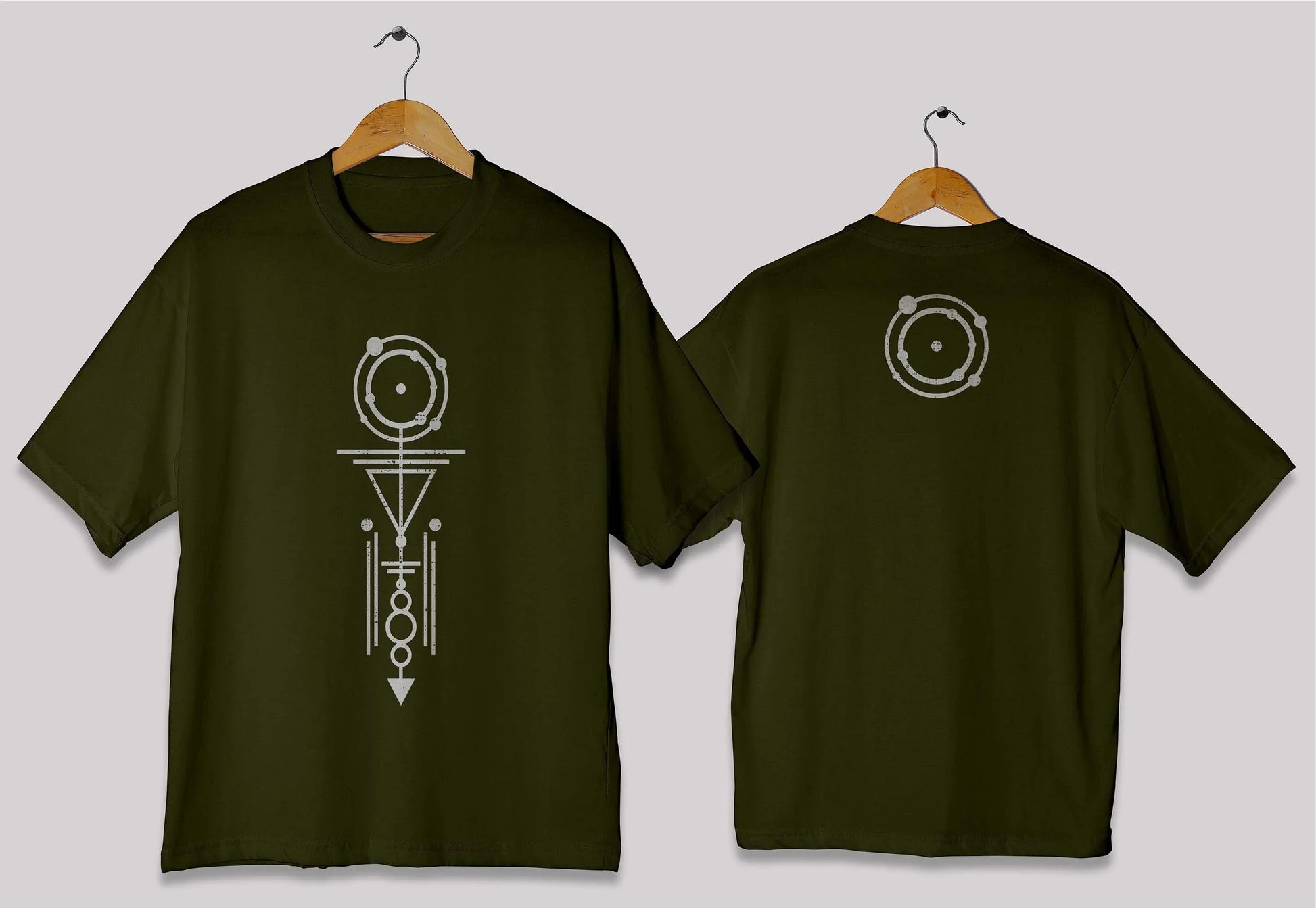 Vertical geometric symbol oversized t-shirt in [deep olive] for men and women in Pakistan with minimal abstract design