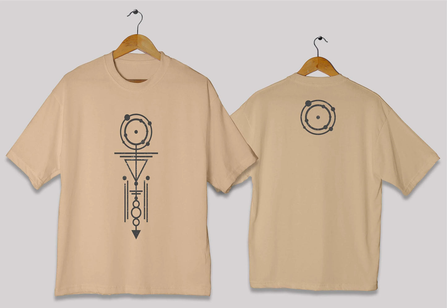Vertical geometric symbol oversized t-shirt in [beige cream] for men and women in Pakistan with minimal abstract design