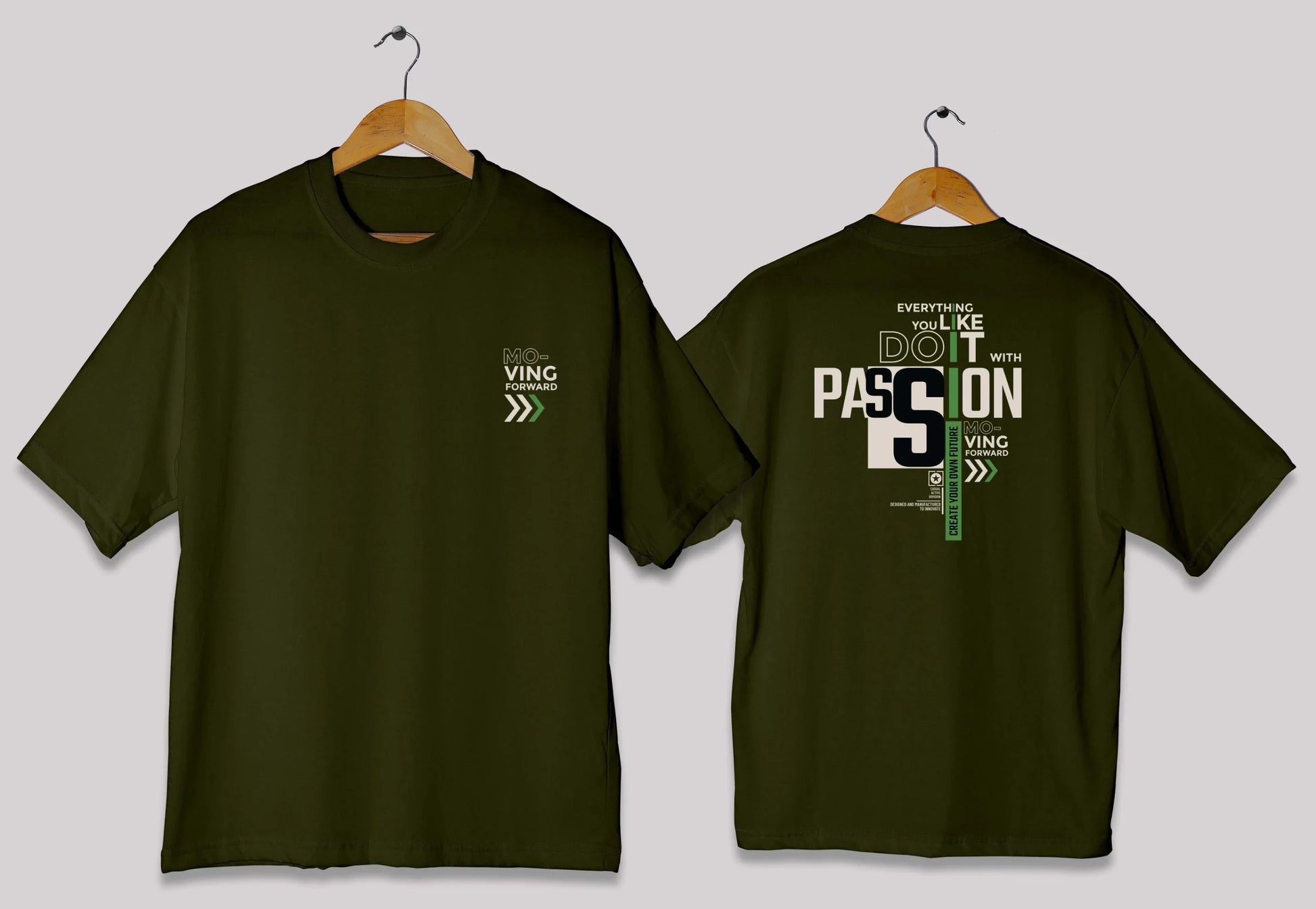 Moving forward typography oversized t-shirt in deep olive color for men and women in Pakistan