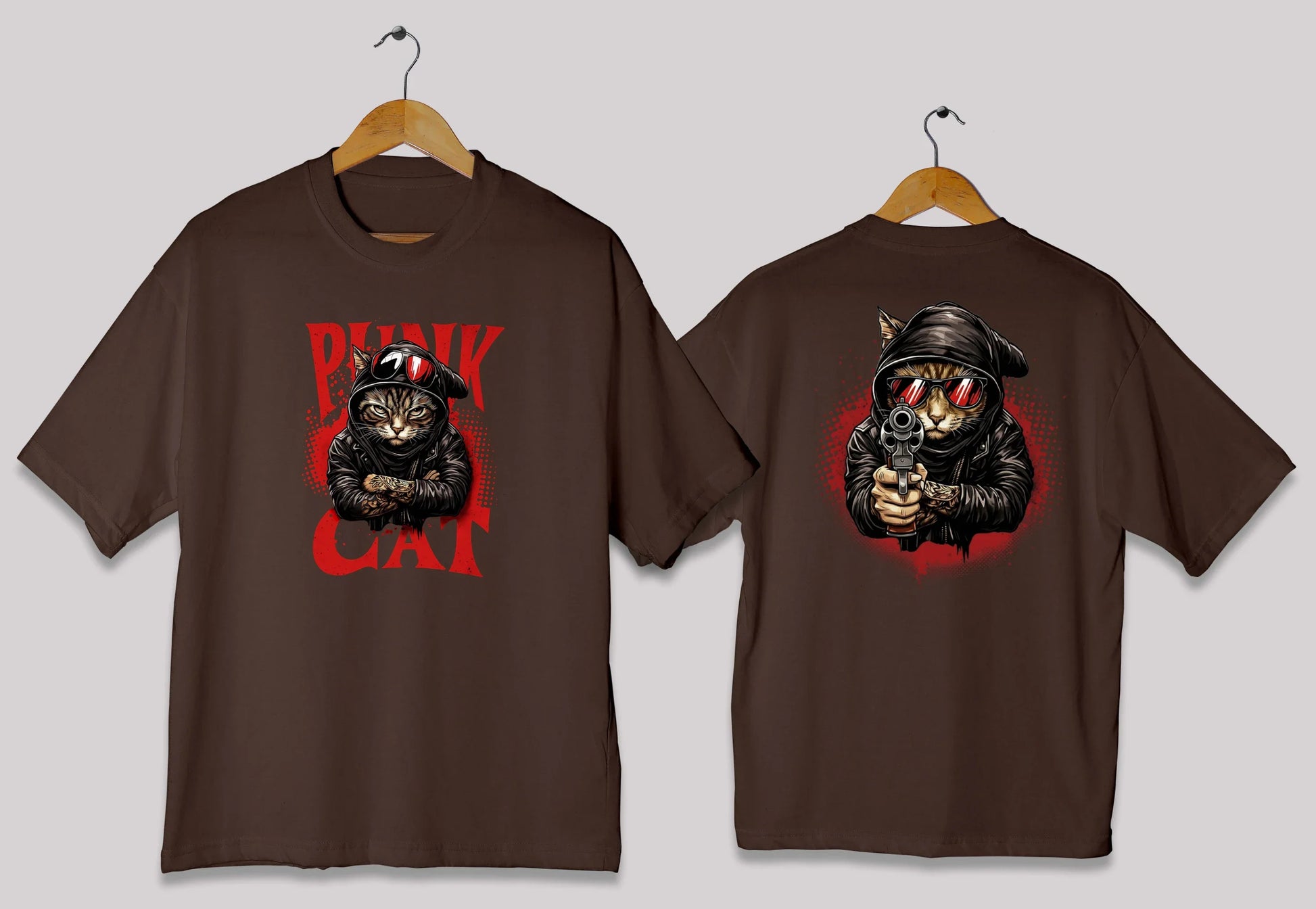 Punk cat graphic oversized t-shirt in chocolate brown color for men and women in Pakistan with artistic graphic