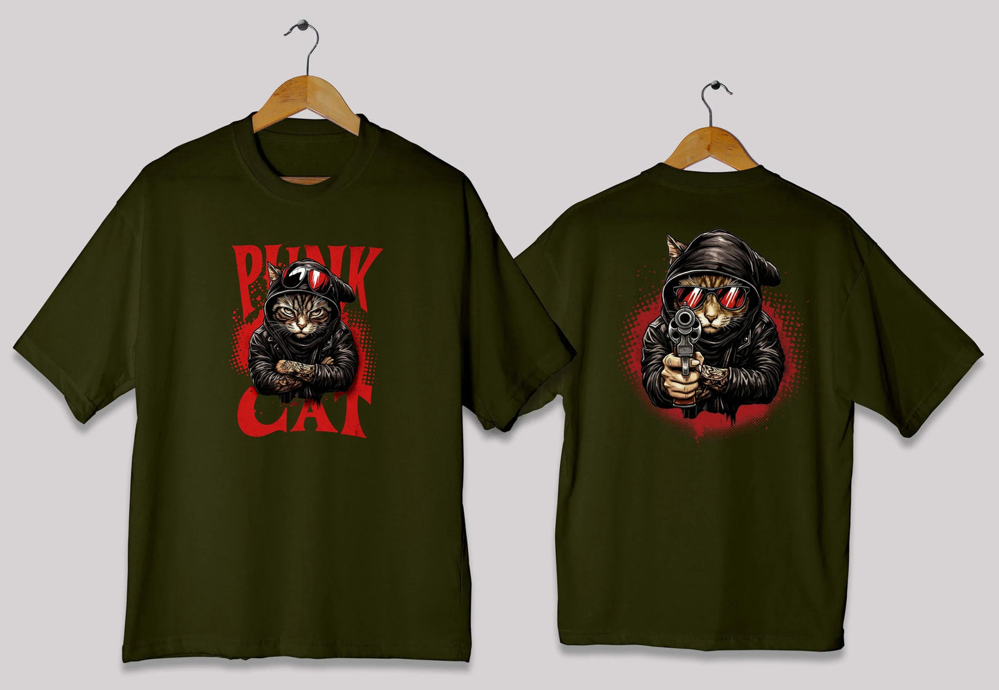 Punk cat graphic oversized t-shirt in deep olive color for men and women in Pakistan with street inspired print